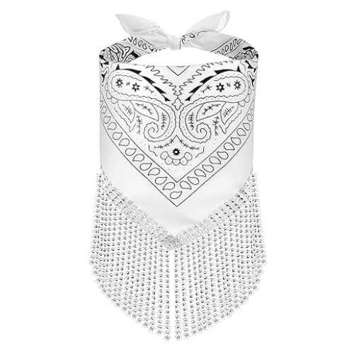 Rhinestone Fringe Bandana - White